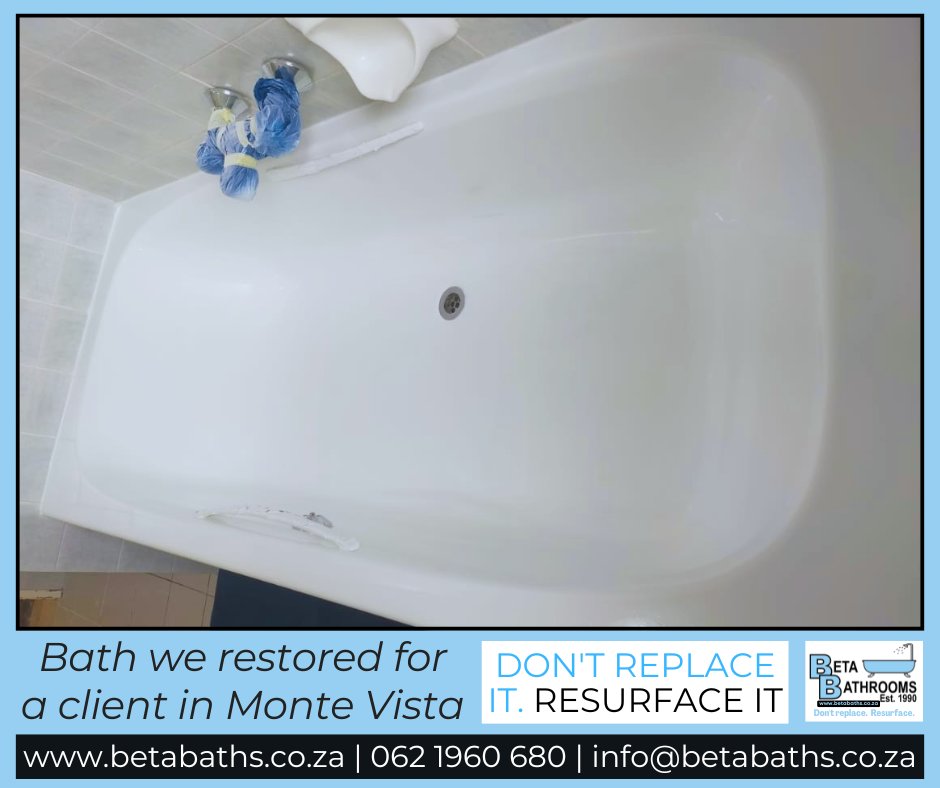 BetaBathrooms's tweet photo. Just transformed a bath for a client in Monte Vista! Is your tub looking tired? Itβs time for a change! At Beta Baths, we believe in restoration over replacementβsaving you time! Ready to elevate your bathroom? Contact us for a FREE quote! 0621960680 #Resurface #DontReplace https://t.co/8vgrDpO61p