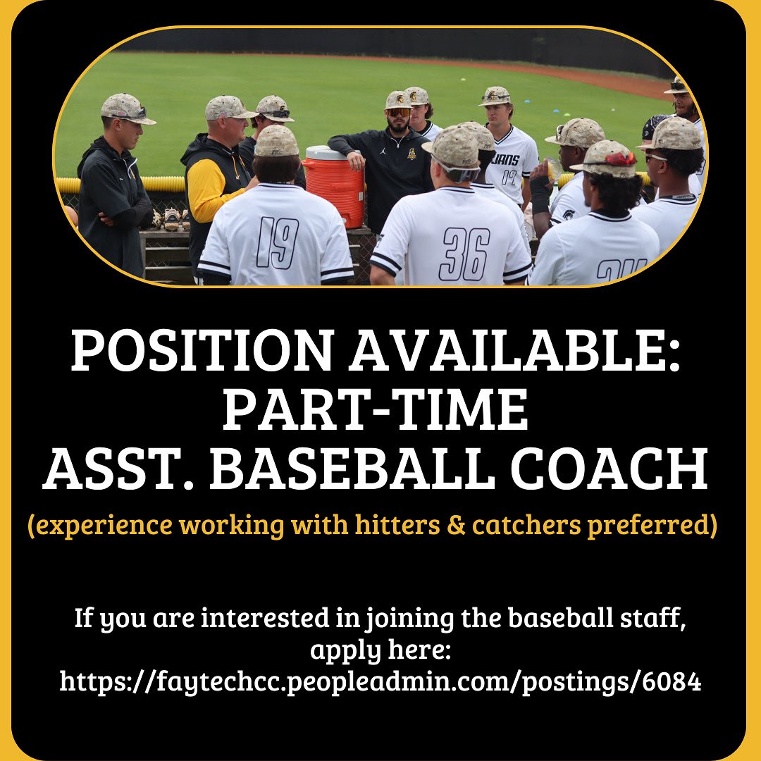 Position Available❗️
-PT Asst. Baseball Coach

Apply here⬇️
faytechcc.peopleadmin.com/postings/6084