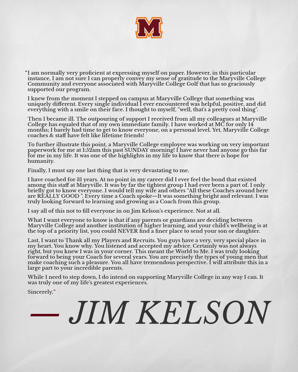 Thank you, Coach Kelson!

Maryville College Men's Golf Head Coach Jim Kelson Stepping Down due to Health Concerns. 

🔗tinyurl.com/2s3w5xur
