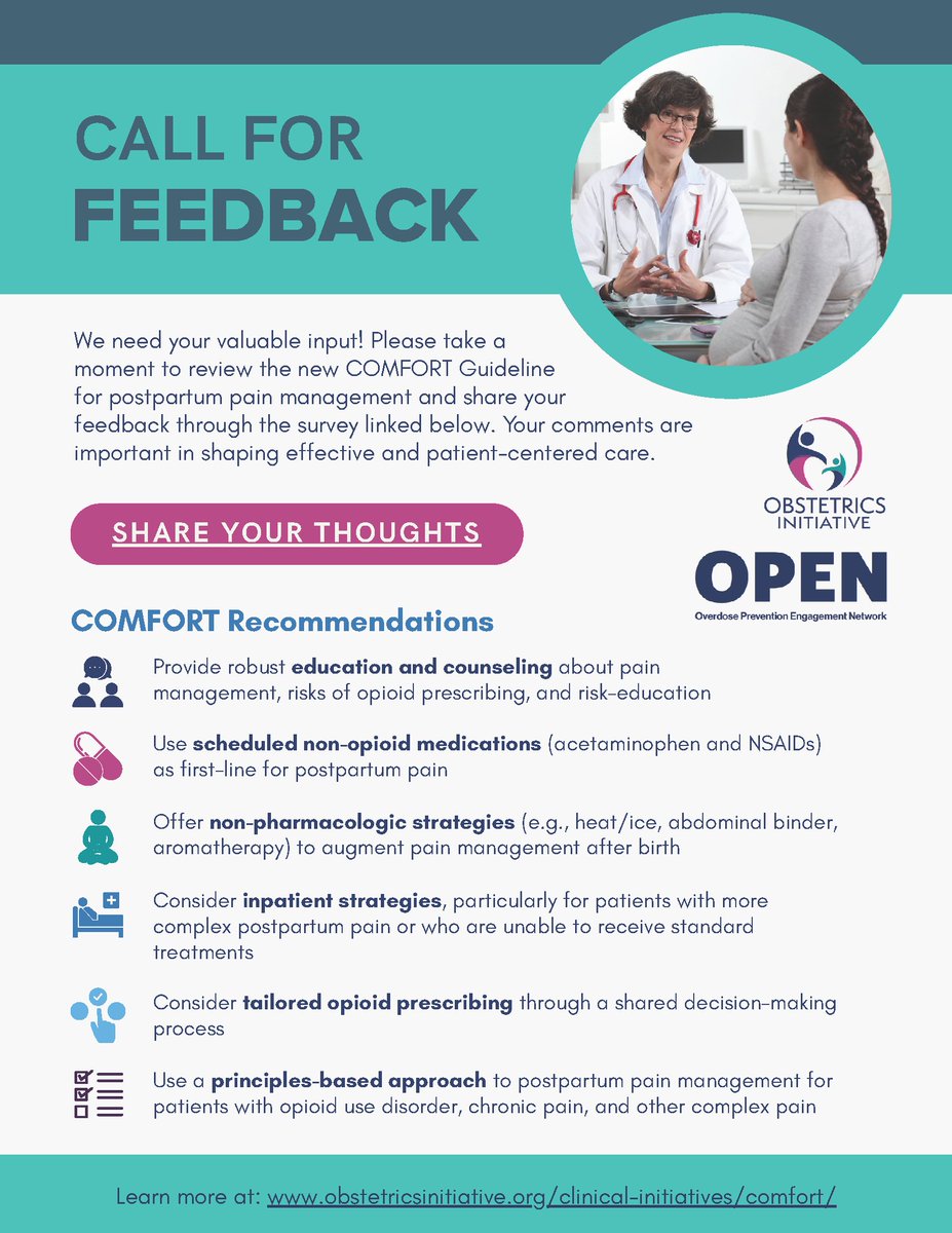 Michigan CQIs (@michigancqis) on Twitter photo The <a href="/Ob_Initiative/">The Obstetrics Initiative (OBI)</a> is currently seeking feedback on COMFORT Clinical Practice Guideline for postpartum pain management.
🗒️ Review the guidelines: obstetricsinitiative.org/wp-content/upl…
☑️ Submit feedback: app.smartsheet.com/b/form/a42778d…
The survey will be open through September 3, 2025! The <a href="/Ob_Initiative/">The Obstetrics Initiative (OBI)</a> is currently seeking feedback on COMFORT Clinical Practice Guideline for postpartum pain management.
🗒️ Review the guidelines: obstetricsinitiative.org/wp-content/upl…
☑️ Submit feedback: app.smartsheet.com/b/form/a42778d…
The survey will be open through September 3, 2025!