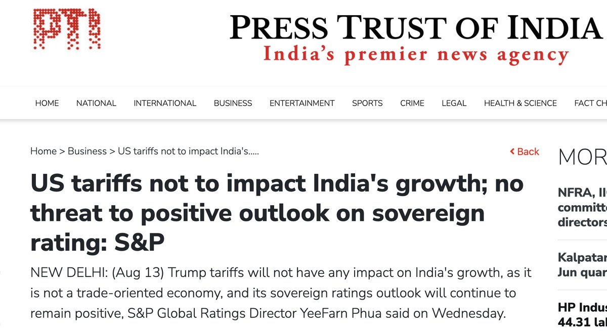 US tariffs not to impact India's growth; no threat to positive outlook on sovereign rating: S&amp;P 

Beech ka ungli dikhaya Tatya ko