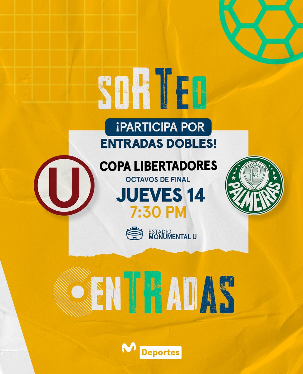 ¡𝐒𝐨𝐫𝐭𝐞𝐨 𝐝𝐞 𝐞𝐧𝐭𝐫𝐚𝐝𝐚𝐬 𝐩𝐚𝐫𝐚 𝐥𝐚 𝐂𝐨𝐩𝐚 𝐋𝐢𝐛𝐞𝐫𝐭𝐚𝐝𝐨𝐫𝐞𝐬! 🎟⚽🏟

Participa y gana una de las entradas dobles para el Universitario vs. Palmeiras, por los 8vos de final de la Copa CONMEBOL Libertadores, este jueves 14 a las 7:30 p. m. ¿Cómo participar?