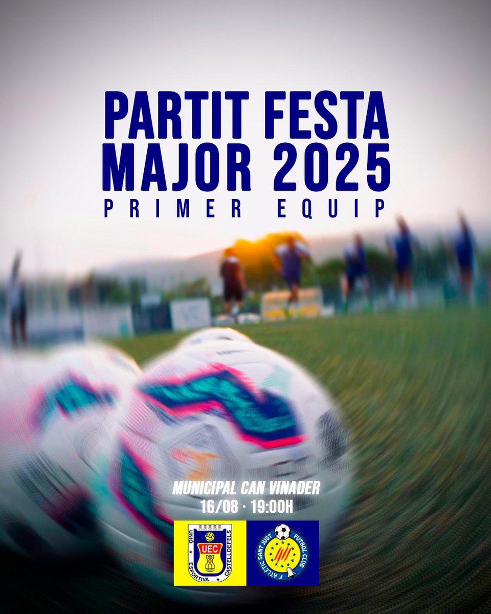 #PrimerEquipUEC | 🟡🔵

✅ PARTIT FESTA MAJOR 2025

📅  Dissabte 16 d’agost
🕖  19h
⚽️ <a href="/uecastelldefels/">UE Castelldefels</a> - <a href="/AtleticSantJust/">Atlètic Sant Just FC</a> 
🏟️ Municipal Can Vinader

#SomHiGrocs #2aLligaElit