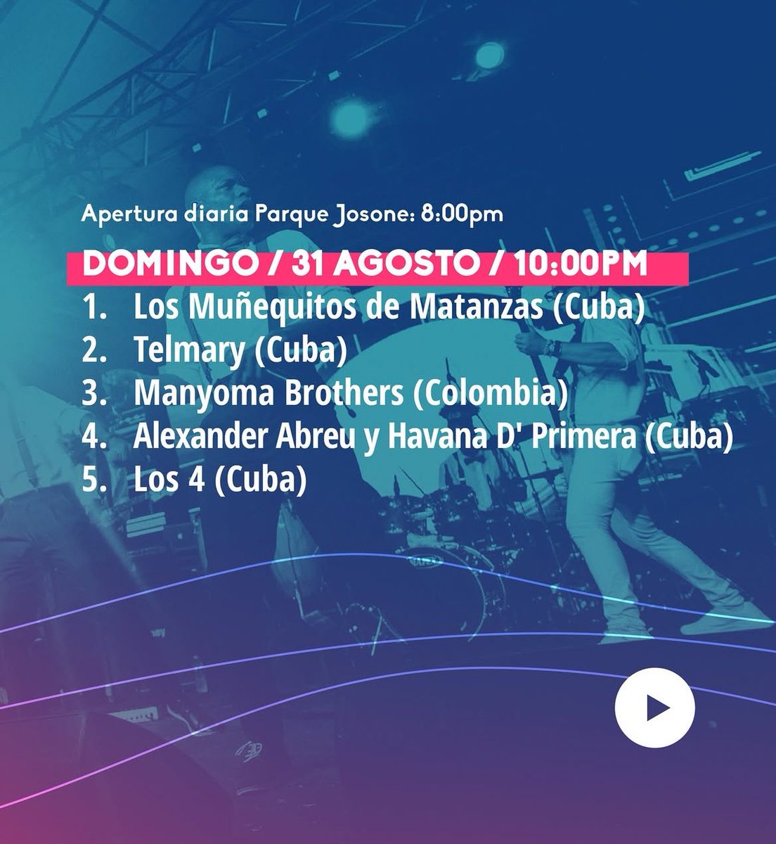 La Papeleta🇨🇺 (@lapapeletacuba) on Twitter photo Programa general del <a href="/varadero_josone/">Festival de Música Varadero Josone</a> 🗓️ 25 agosto - 31 agosto
📍 #ParqueJosone
Recuerden que están disponibles las entradas digitales desde la aplicación de La Papeleta, disponible en el sitio web: lapapeleta.cu/download/
<a href="/CubarteES/">Cubarte</a> <a href="/AlmaMater_Rev/">Revista Alma Mater</a>
#LaPapeletaCuba #CubaEsCultura Programa general del <a href="/varadero_josone/">Festival de Música Varadero Josone</a> 🗓️ 25 agosto - 31 agosto
📍 #ParqueJosone
Recuerden que están disponibles las entradas digitales desde la aplicación de La Papeleta, disponible en el sitio web: lapapeleta.cu/download/
<a href="/CubarteES/">Cubarte</a> <a href="/AlmaMater_Rev/">Revista Alma Mater</a>
#LaPapeletaCuba #CubaEsCultura