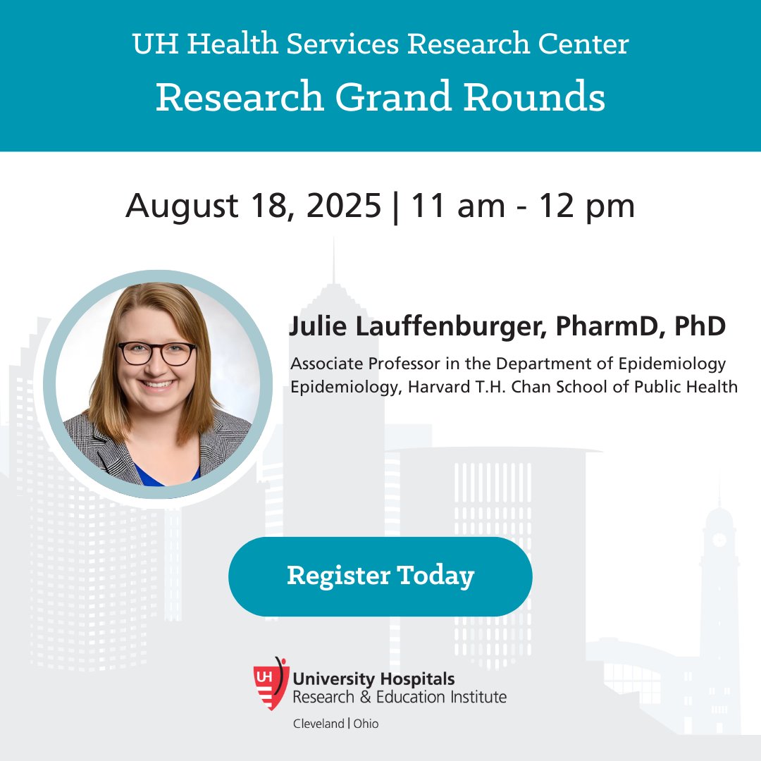 Julie Lauffenburger, PharmD, PhD,  <a href="/HarvardChanSPH/">Harvard T.H. Chan School of Public Health</a>  joins us on the upcoming Research Grand Rounds. Her work centers around optimizing medications through adherence, deprescribing, and scalable behavioral interventions. Register now! uhhospitals.zoom.us/webinar/regist…