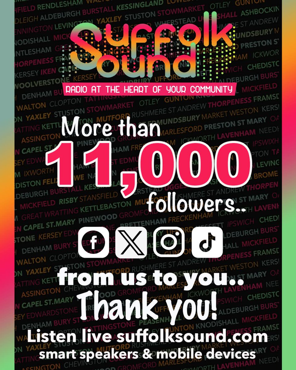 DungerRob's tweet image. We are proud that across our social media channels, in just over 25 months, we have over 11,000 followers - all part of the @Suffolk_Sound family....

FROM US TO YOU ..... THANK YOU ! 🥰🥰🥰
@followers @top fans