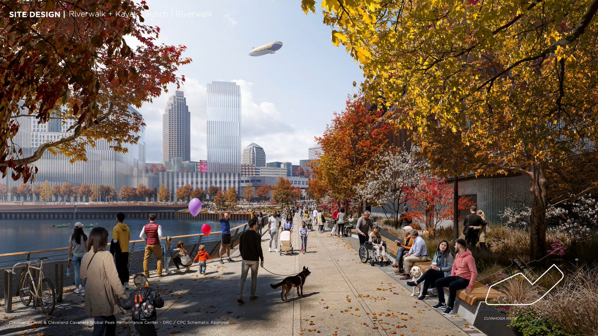 New renderings of Bedrock's planned riverwalk and kayak launch near the future Cleveland Cavaliers practice complex and sports-medicine hub downtown (West Third and Eagle Avenue). The developer submitted these for approval by a design-review committee and the planning commission.