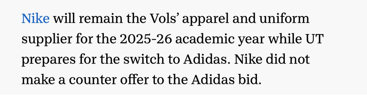 This component of the Nike/Adidas issue speaks volumes: Nike didn’t counter. I like Nike, always have. But when someone says they don’t want you anymore, it’s time to move on and embrace the one who does. 

(article quote from <a href="/knoxnews/">Knox News</a>)