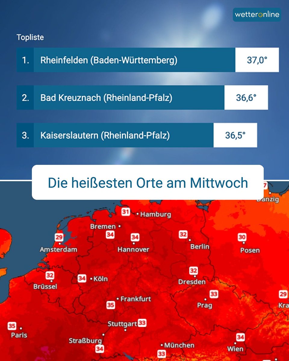 WetterOnline's tweet photo. 🌡️ 📈 Hier war es heute am heißesten ⬇️ 🥵
Was hat dein Thermometer angezeigt?
Mehr dazu im WetterTicker 👉 https://t.co/UeIAY1oNoL
#hitze #sommer #heiß #deutschland #aktuell #hot #30grad #heat https://t.co/4iJA3Notyw