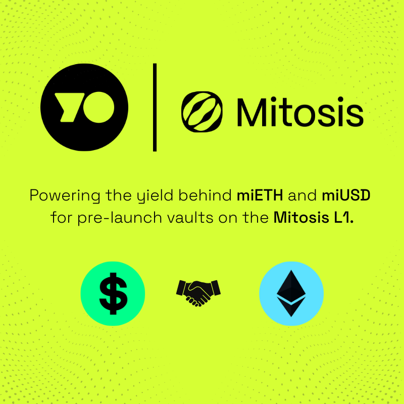 Strong partnership, powerful yield.

YO will power the yield behind miETH and miUSD within <a href="/MitosisOrg/">Mitosis</a> Foundation Launch vaults on Base as part of their Ecosystem-Owned Liquidity (EOL) rollout.

Thanks for choosing YO! 🤝