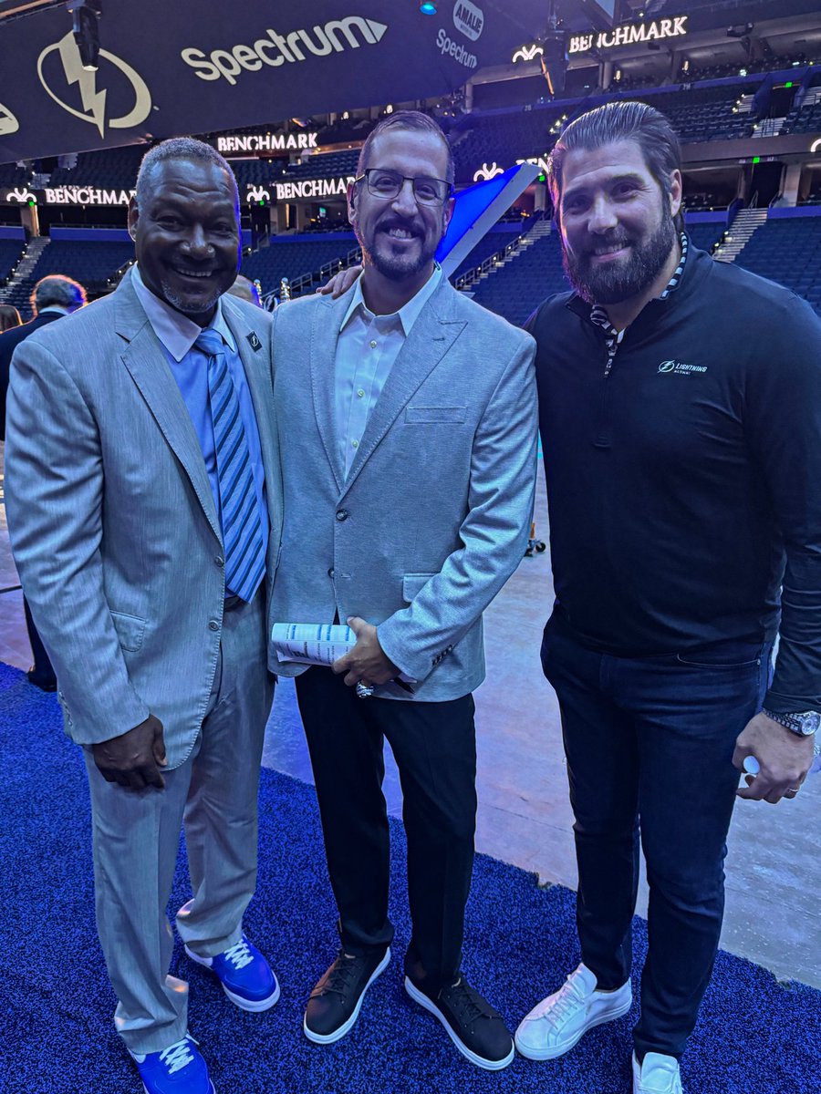 GregWolfTBL's tweet image. Today’s a BIG deal when you’ve got TWO #HallofFamers here with me to formally announce the NEW partnership between Vinik Sports Group &amp;amp; @benchmark_arena! 
Thank you @DBrooks55 &amp;amp; @patmaroon for hanging with us today as we formally welcome the new partnership! 
#InGameHost #NHL