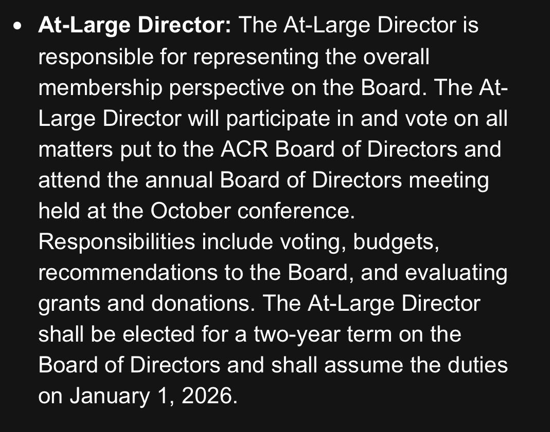 Journal of the Association for Consumer Research (@jofacr) on Twitter photo The ACR Officer Nominating Committee is seeking nominations for 4 ACR Board positions: 1) 2026 President-Elect, 2) Academic-Industry Dir., 3) International Dir., 4) At-Large Dir.
Descriptions in photos.
To nominate, email acr@acrwebsite.org by Aug 15. (Current ACR Members only) The ACR Officer Nominating Committee is seeking nominations for 4 ACR Board positions: 1) 2026 President-Elect, 2) Academic-Industry Dir., 3) International Dir., 4) At-Large Dir.
Descriptions in photos.
To nominate, email acr@acrwebsite.org by Aug 15. (Current ACR Members only)