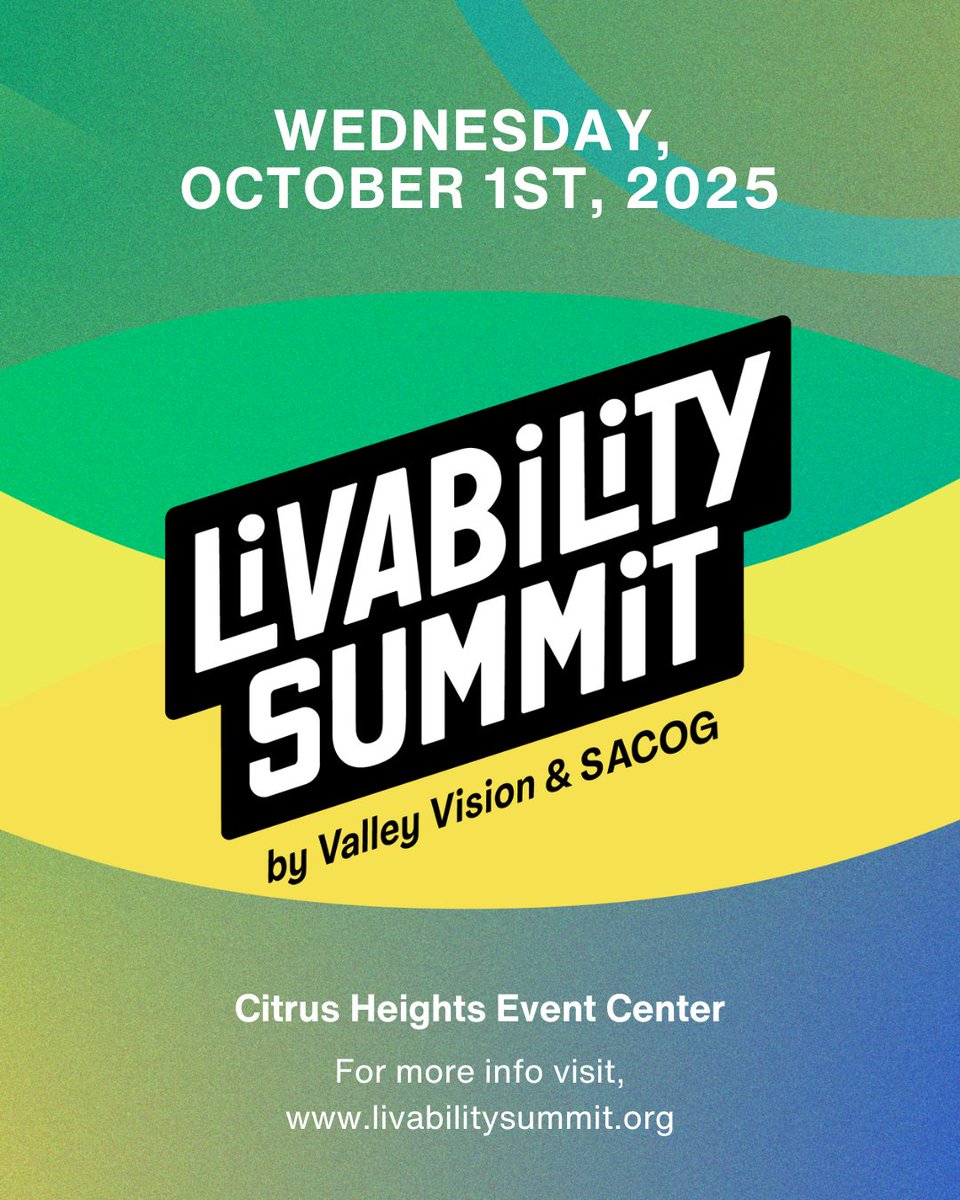 🚨 Tickets are now on sale for the 2025 Livability Summit! Join <a href="/ValleyVisionSac/">Valley Vision</a> Wed, Oct 1 at the Citrus Heights Event Center for a day of collaboration to improve quality of life in the #Sacramento region. Hosted w/ <a href="/SACOG/">SACOG</a> + partners. #LivSummit25
🎟️ livabilitysummit.org