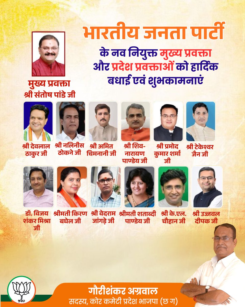 भारतीय जनता पार्टी छत्तीसगढ़ के नव नियुक्त मुख्य प्रवक्ता एवं प्रदेश प्रवक्ताओं को हार्दिक बधाई एवं शुभकामनाएं.

मुझे पूर्ण विश्वास है कि आप सभी अपने अनुभव, संघर्षशीलता और प्रतिबद्धता से संगठन नई ऊंचाइयों को छुएगा और प्रदेश में सुशासन व विकास का संकल्प और मजबूत होगा।