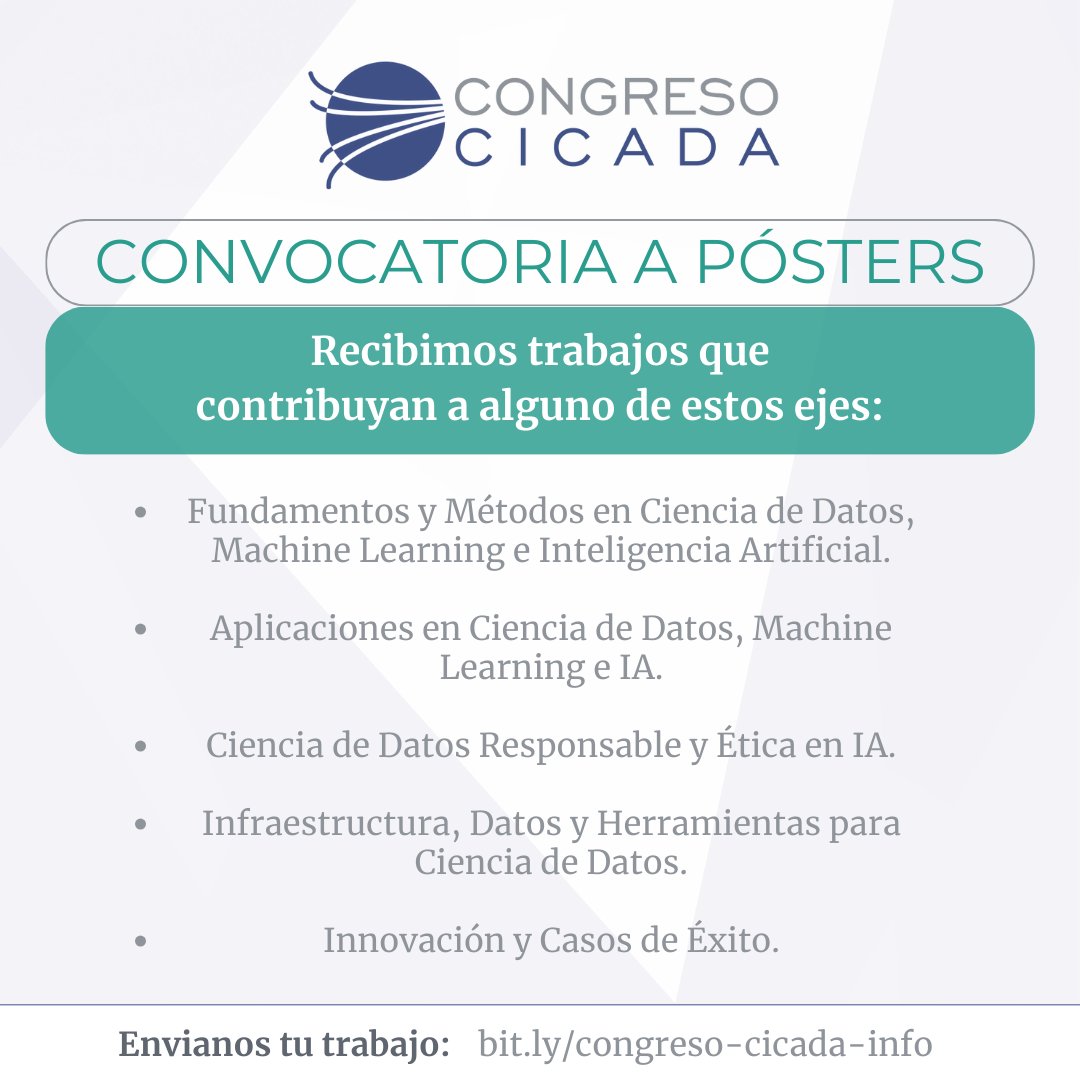 cicada.uy (@cicadauy) on Twitter photo ‼️ La convocatoria a pósters del Congreso CICADA cierra este viernes.
Les compartimos los ejes temáticos que buscamos, con foco en la Ciencia de Datos y la #IA.
👏Si te interesa formar parte, envianos tu trabajo: bit.ly/congreso-cicad…
<a href="/Udelaruy/">Universidad de la República</a> ‼️ La convocatoria a pósters del Congreso CICADA cierra este viernes.
Les compartimos los ejes temáticos que buscamos, con foco en la Ciencia de Datos y la #IA.
👏Si te interesa formar parte, envianos tu trabajo: bit.ly/congreso-cicad…
<a href="/Udelaruy/">Universidad de la República</a>