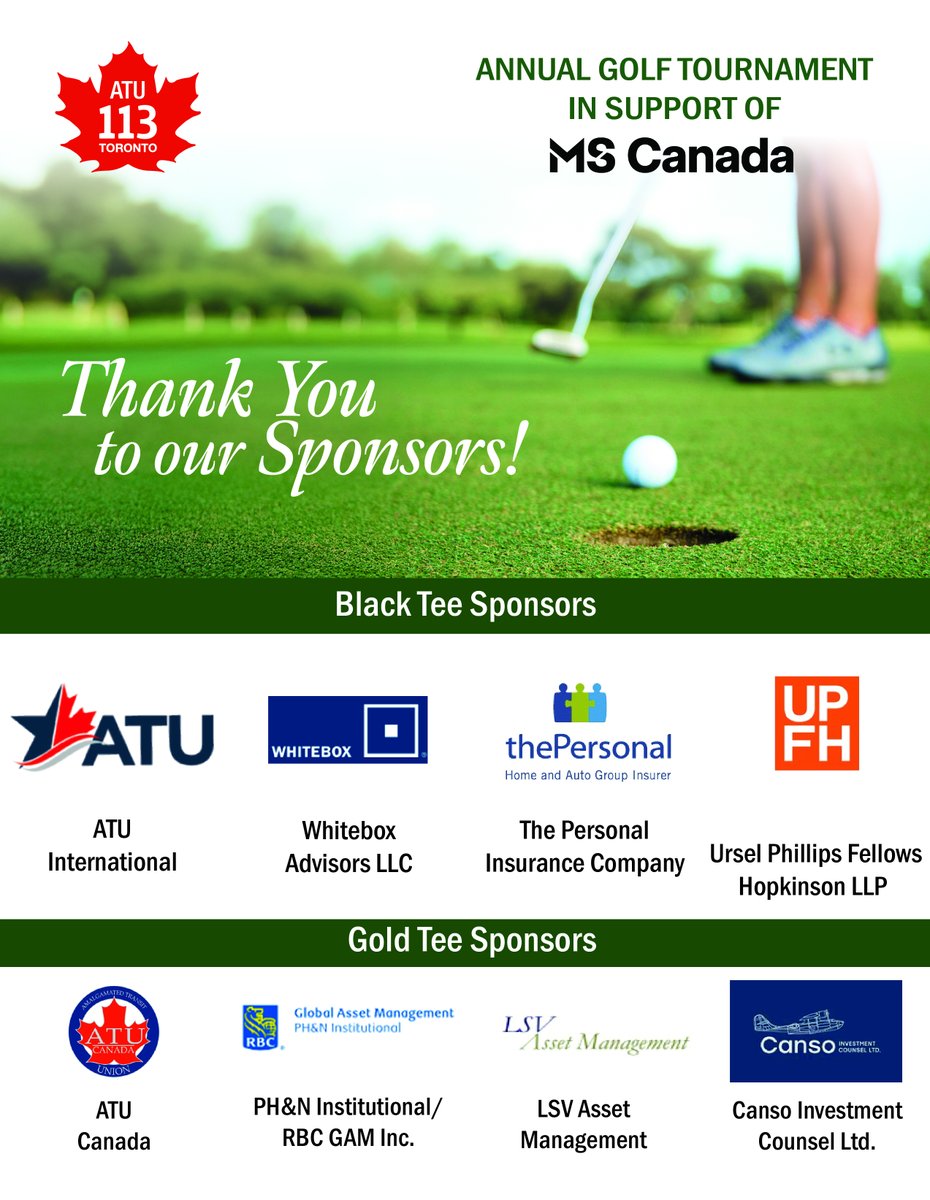 ATU Local 113 would like to thank all of our generous 2025 MS Charity Golf Tournament sponsors. Your support helps drive meaningful change in the lives of those affected by multiple sclerosis. 
 
For more information, visit: wemovetoronto.ca/thank-you-to-a…