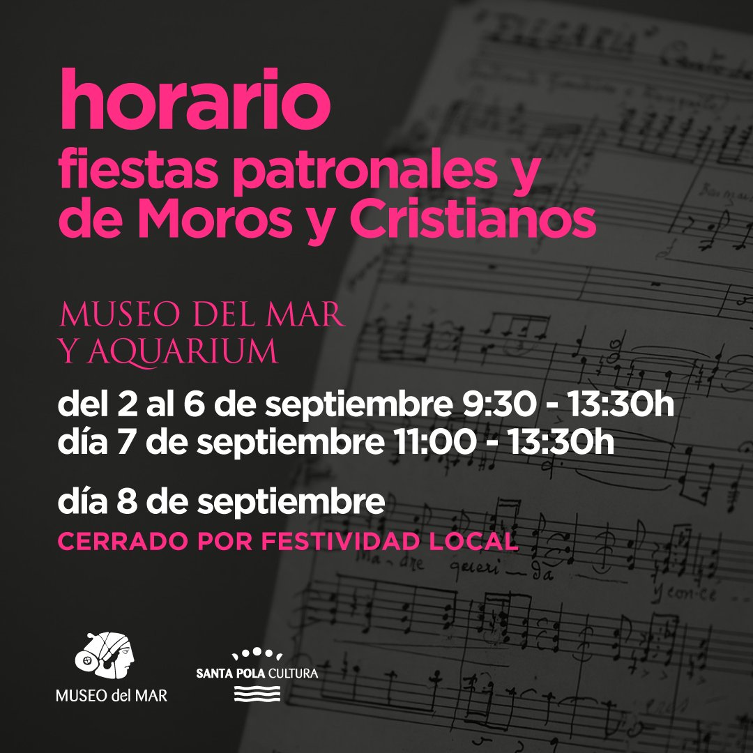 HORARIO ESPECIAL Fiestas Patronales y de Moros y Cristianos 2025 👉🏼 El #MuseodelMarSantaPola y el #Aquarium abrirán del 2 al 6 de septiembre de 9:30h a 13:30h y el día 7 de 11:00 a 13:30h. El día 8 estarán cerrados por festividad local.

#museo #acuario #cultura #SantaPola