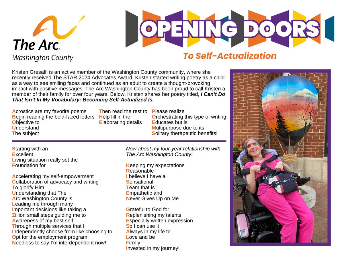 thearcmd's tweet photo. Our August calendar story comes from Kristen and The Arc Washington County. Kristen is an expert at #OpeningDoors for herself and others with disabilities. Check out her acrostic poem on self-actualization in her calendar story! Thanks for your advocacy, Kristen! #WhyTheArc https://t.co/p4GcE2dRFP