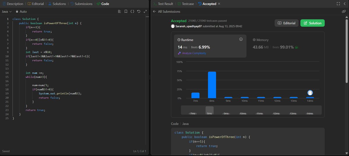 SaranshUpadhy20's tweet photo. 3 Ways to Solve It! 💻
Today’s LeetCode Problem of the Day — Power of Three — done ✅ … 
1️⃣ Iterative check with last-digit optimization
2️⃣ Math trick using max power of 3
3️⃣ Clean recursive approach
#CodingJourney #BuildingMyCodingLogic https://t.co/9m9depBuLN