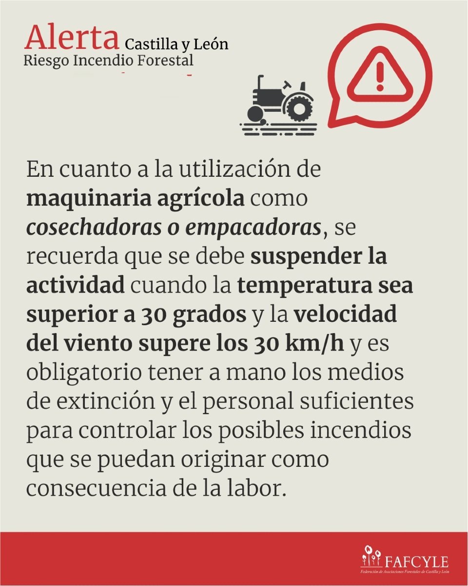 📣 La Junta de Castilla y León prolonga la declaración de alerta de riesgo de incendios forestales por causas meteorológicas del 13 al 18 de agosto en toda la Comunidad.

Mucha prudencia y si ves un incendio avisa de inmediato al 1-1-2