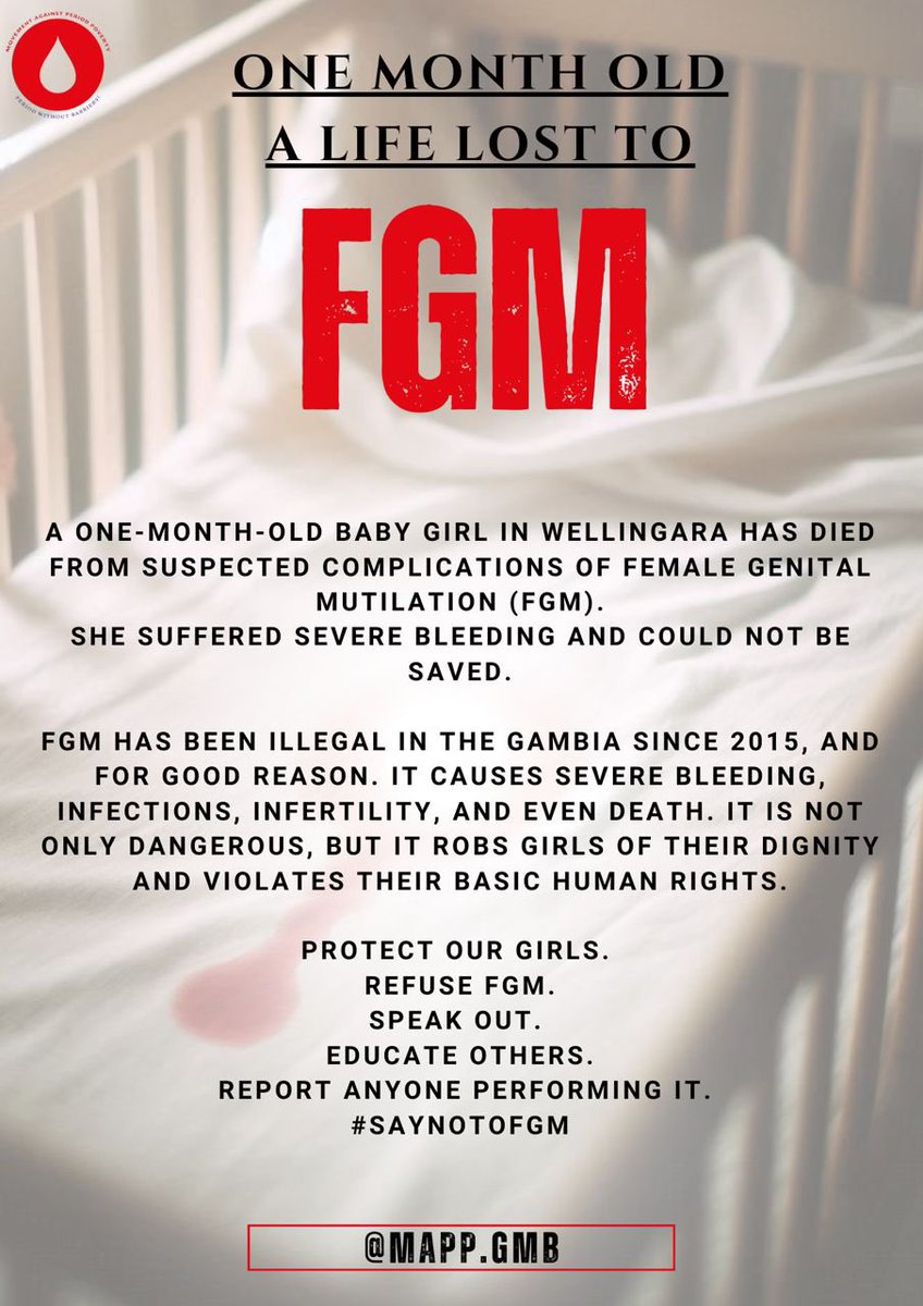 A one-month-old baby has died from FGM complications in Gambia. This is a tragedy we must not ignore.
MAPP stands with UNICEF and all allies working to end FGM.
Protect our girls.
#SayNoToFGM #EndFGM #ProtectGirls @MAPP