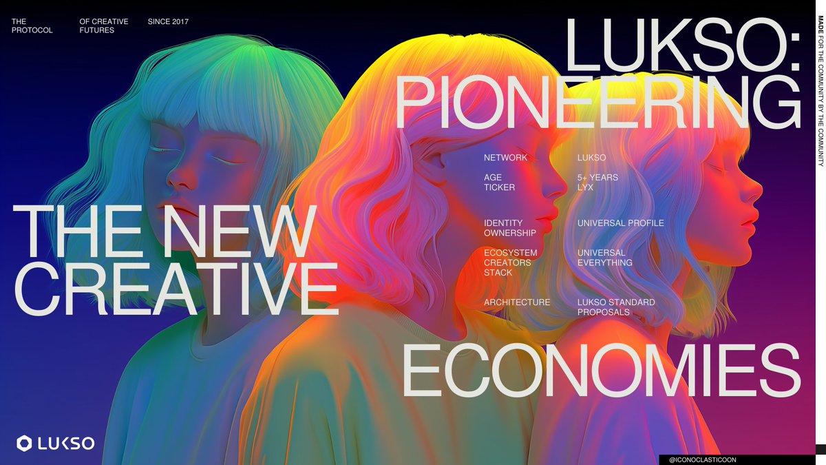 Iconoclasticoon's tweet photo. LUKSO: The Sustained Vision of a Creative, Identity-Centric Blockchain

1/The phrase “creative economy” has deep intellectual roots. It gained prominence through John Howkins’ seminal 2001 work, which delineated economic value emerging from creativity rather than traditional inputs. But antecedents exist in early 20th-century academic discourse, and the UK’s Creative Industries Task Force (1997–98) institutionalized closely related framing in public policy.

Yet, rather than stemming from academic or cultural theory, LUKSO deliberately appropriated this legacy in 2017, embedding the “new creative economies” into its foundational purpose. It was not a retroactive branding effort but part of an enduring vision shaping standards, identity, and interoperability across Web3.