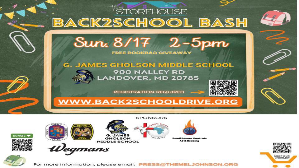 General James Gholson Middle School proudly presents our Back2School Bash — an afternoon of fun, community, and connection before we launch into an amazing school year!
📅 Date: Sunday, August 17, 2025
🕑 Time: 2:30 PM – 5:00 PM
📍 Location: 900 Nalley Road, Landover, MD 20785