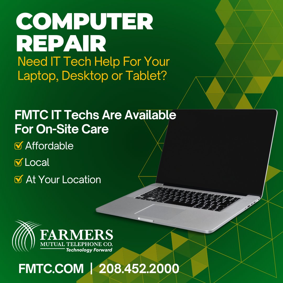 fmtc's tweet image. School is starting soon! $25 off laptop, desktop and tablet repair.
If your device is slow, overheats, has pop ups or a virus or malware, bring your device in today! Our team of technicians are ready to assist! Learn more at lnkd.in/gZUcBZJQ or call us 208.452.2000
#fmtc