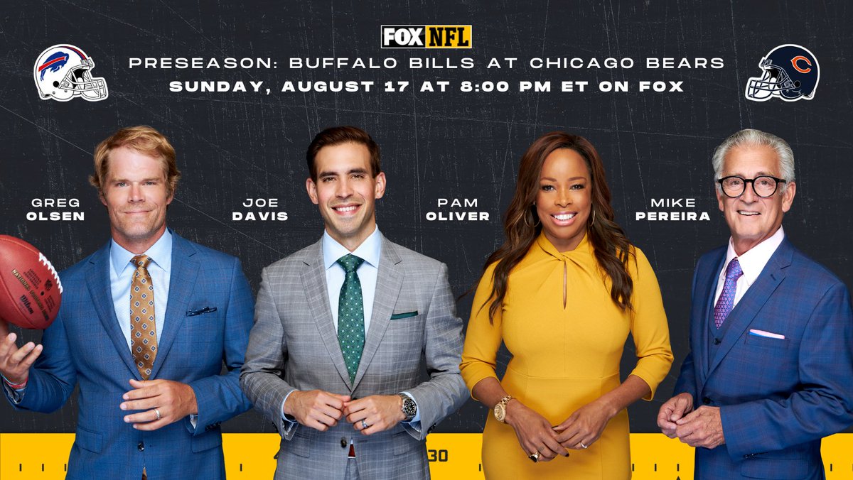 This Sunday, football is back with the @NFLONFOX as Greg Olsen, Joe Davis, Pam Oliver and Mike Pereira deliver the network's coverage of a preseason matchup between the <a href="/BuffaloBills/">Buffalo Bills</a> and <a href="/ChicagoBears/">Chicago Bears</a>.

📍8:00 PM ET on FOX