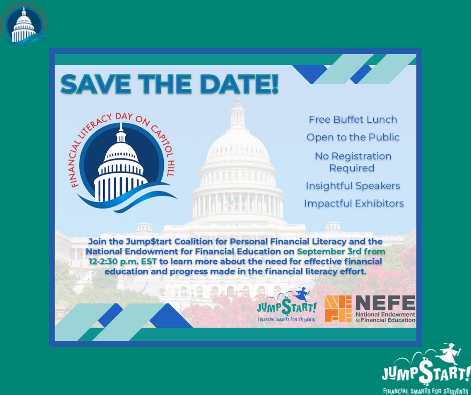 We've made all of the arrangements, we just need YOU! Financial Literacy Day on Capitol Hill!!! 
Save the Date!
Bring a friend.
Meet us there. 

Find all of the event details here: jumpstart.org/awareness/hill…