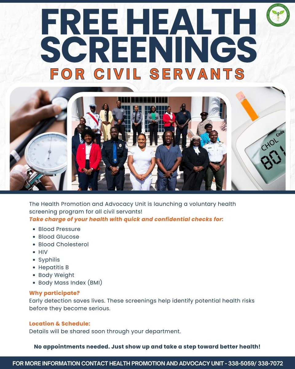 𝗛𝗲𝗮𝗹𝘁𝗵 𝗦𝗰𝗿𝗲𝗲𝗻𝗶𝗻𝗴𝘀 𝗳𝗼𝗿 𝗖𝗶𝘃𝗶𝗹 𝗦𝗲𝗿𝘃𝗮𝗻𝘁𝘀 𝗟𝗮𝘂𝗻𝗰𝗵𝗶𝗻𝗴 𝗧𝗵𝗶𝘀 𝗦𝗲𝗽𝘁𝗲𝗺𝗯𝗲𝗿
𝗦𝗰𝗿𝗲𝗲𝗻𝗶𝗻𝗴𝘀 𝘄𝗶𝗹𝗹 𝗶𝗻𝗰𝗹𝘂𝗱𝗲:
•Blood Pressure
•Blood Glucose
•Blood Cholesterol
•HIV
•Syphilis
•Hepatitis B
•Body Weight
•Body Mass Index