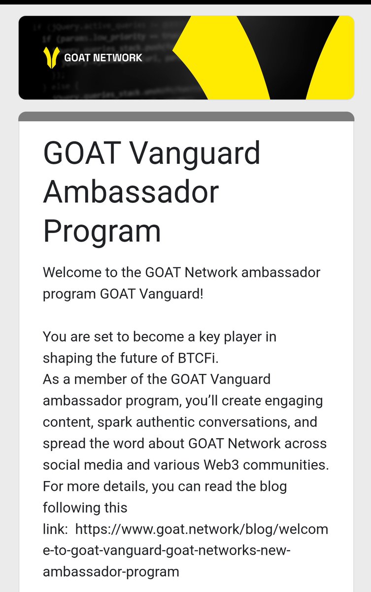 Become the real GOAT 🐐, by applying to be an ambassador for <a href="/GOATRollup/">GOAT Network 🟡</a> .

This gives you access to participating in various activities by the Goats Network and get paid 💰

You get to submit your EVM wallets and earn $GOATED rewards . 
Join in all social accounts to get first