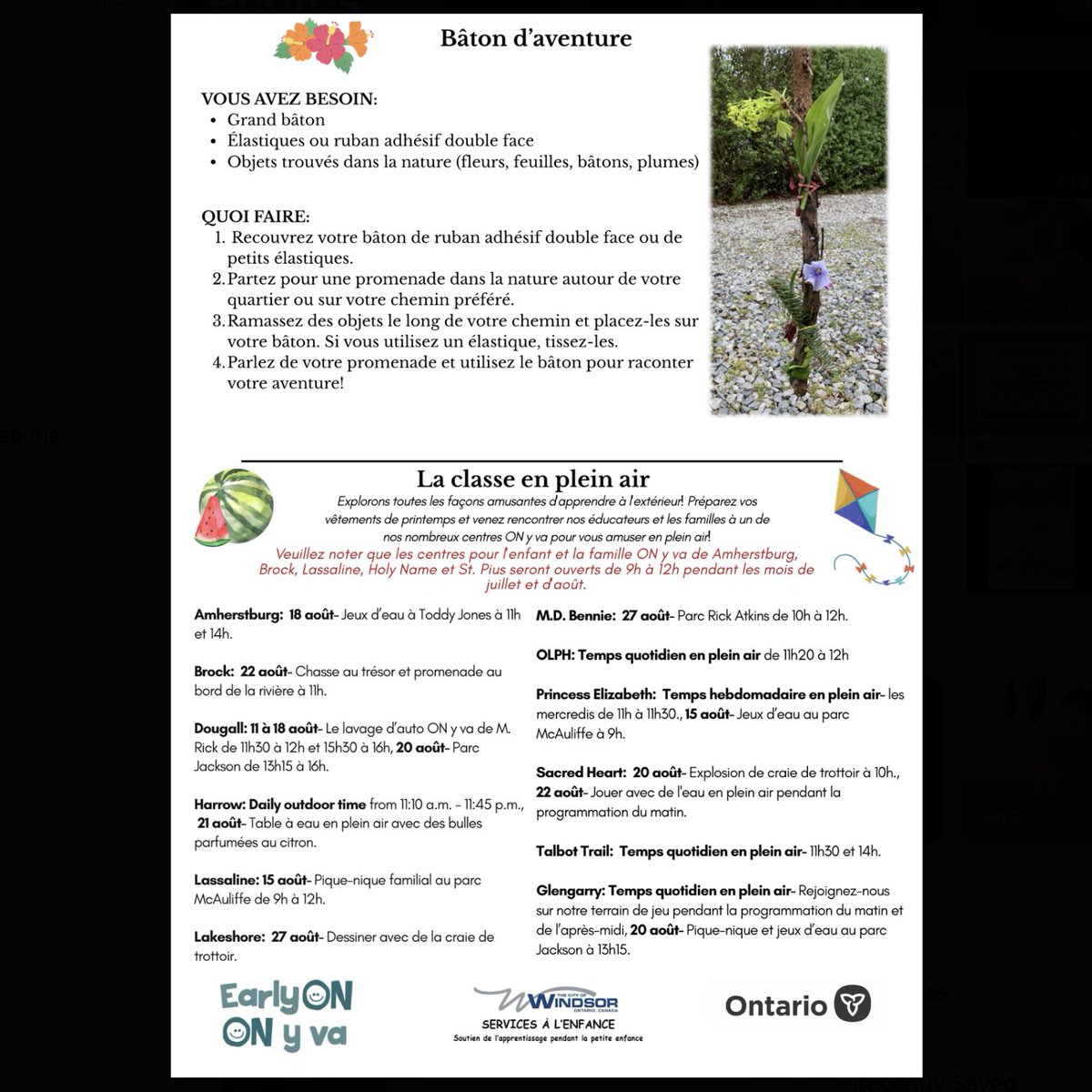 Take a look at our August monthly EarlyON newsletter to see all the exciting things happening in EarlyON this month!

To find a Windsor-Essex EarlyON Child and Family Centre nearest you and view their hours of operation, please visit our website: earlyonwindsoressex.ca