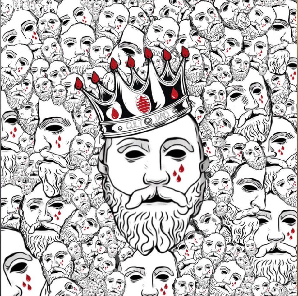 피가 흐르는 얼굴들을 한 군중과 함께 묘사된 Cult DAO 왕의 예술적 일러스트