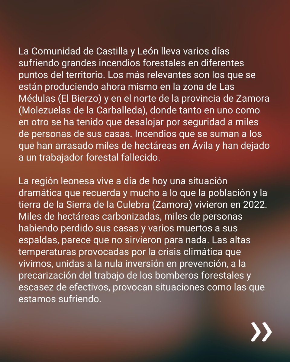 📝 Comunicado ante los graves incendios que arrasan Zamora, León, Salamanca y Palencia.

🔥 Crisis climática y explotación capitalista: la combinación perfecta para que León y Castilla vuelvan a arder.

🔗 Texto completo en nuestra web: cyl.anticapitalistas.org/crisis-climati…