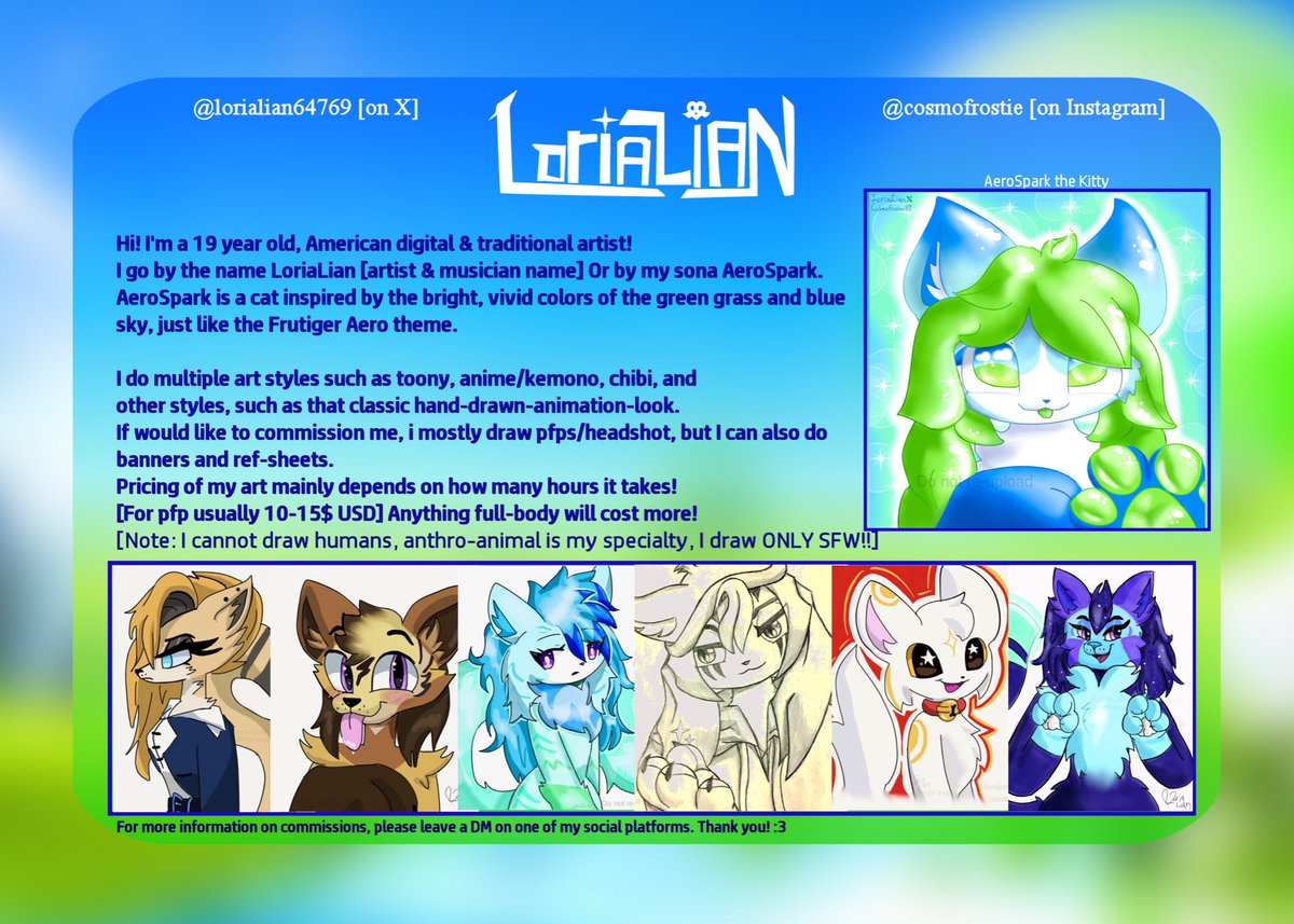 LoriaLian's tweet image. Hi! I’m LoriaLian/AeroSpark
Here’s my artist card. request to DM for extra comm info