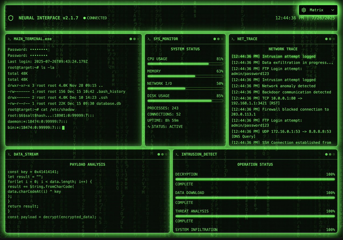 makalin's tweet photo. Check out CyberCine! 🎬 A slick, cinematic hacker screen built with Vite, React, TypeScript and Tailwind CSS..
🚀 Try it now: https://t.co/ZGoBtusYyA
#WebDev #React #TypeScript #CyberCine https://t.co/18QW6p71pB
