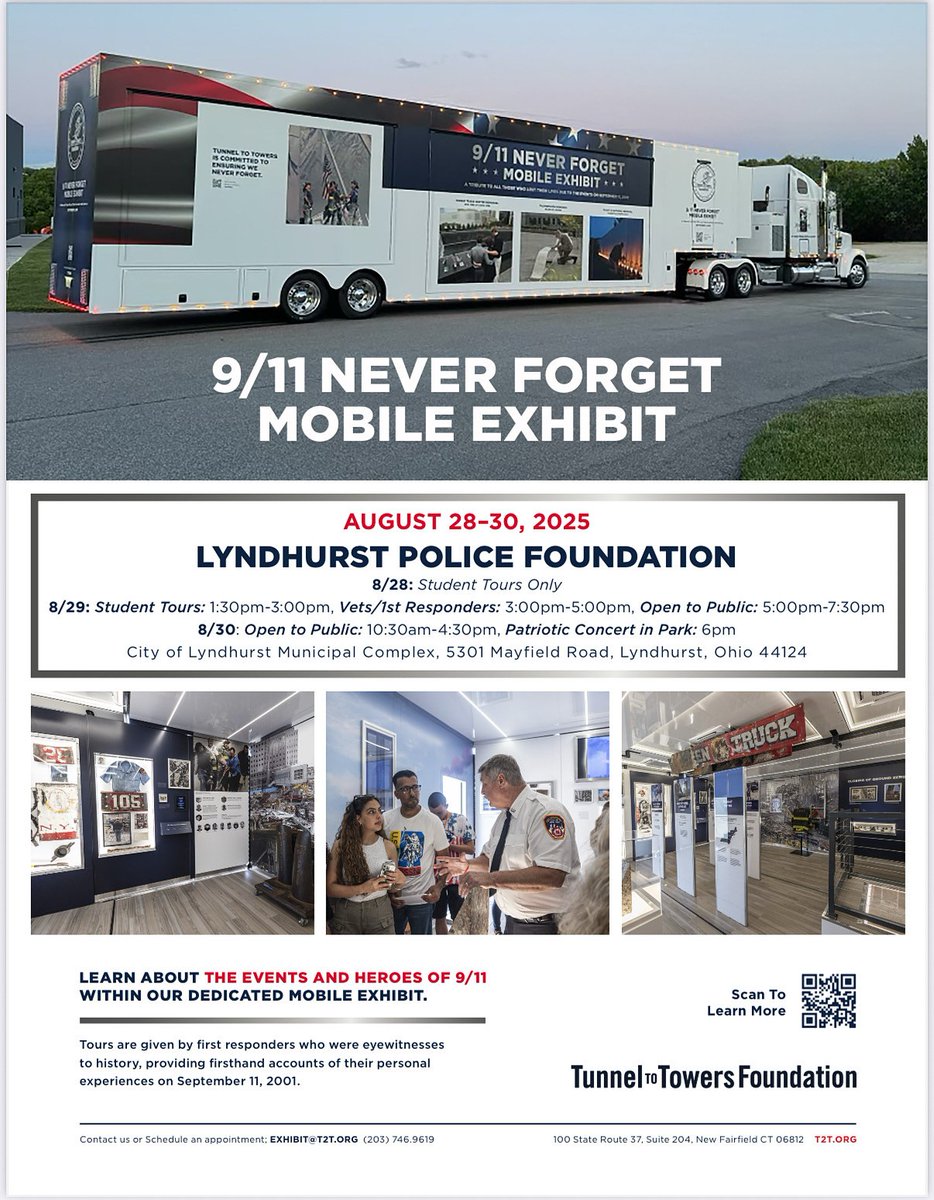 🚨 The "9/11 Never Forget Mobile Exhibit" rolls through Mayfield Heights on Wed, Aug 27, around 1PM, escorted westbound on Mayfield Rd by local police &amp; fire. It’ll be on display at the Lyndhurst Municipal Complex until Aug 30.

📍 Come out &amp; show your support 🇺🇸