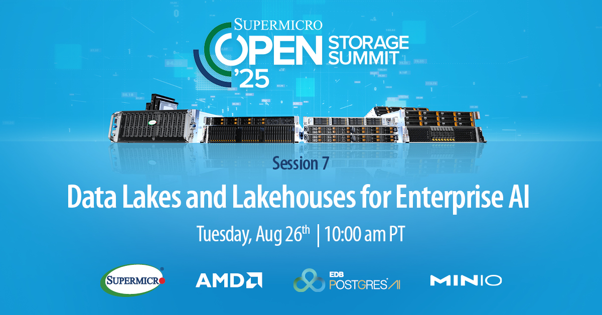 Minio's tweet image. Our partner @Supermicro_SMCI is holding their 6th annual Supermicro #OpenStorageSummit in August! Not only are we a Platinum Sponsor, but we are also being featured in two different sessions: 
1. Generative AI Enterprise Infrastructure (with @keithpij). Register here:…