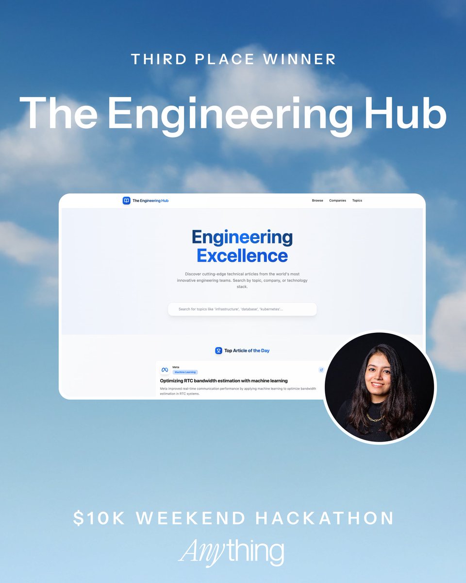 🥉 The 3rd place Weekend Hackathon winner is… 

The Engineering Hub by <a href="/khushbooverma_/">Khushboo Verma</a> 

A beautifully designed platform that curates the best engineering articles from top companies like Meta, Airbnb, and Uber. Built during the hackathon with Anything.

Amazing work! 👏