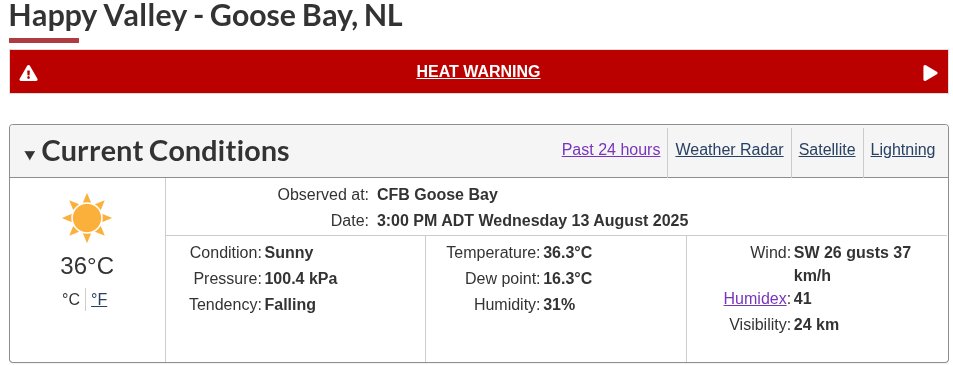rcbstormpost's tweet photo. Won't know final Tmax at Goose Bay #YYR til 9pm ADT as the station only reports extremes at 6 hr intervals, but 36.3°C at 3pm is its highest so far today, a new monthly record for the location and for all of #Labrador.

Prev was 35.3°C, last set 2 days ago as a tie w/ 1996. #nlwx https://t.co/IWU6MUAh3s