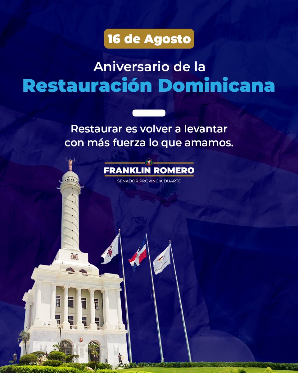 Hoy conmemoramos un año más de la Restauración Dominicana.

Sigamos el ejemplo de aquellos hombres y mujeres que nos devolvieron la soberanía, trabajando cada día por una nación más fuerte, justa y próspera.

¡Que viva la República Dominicana! 🇩🇴