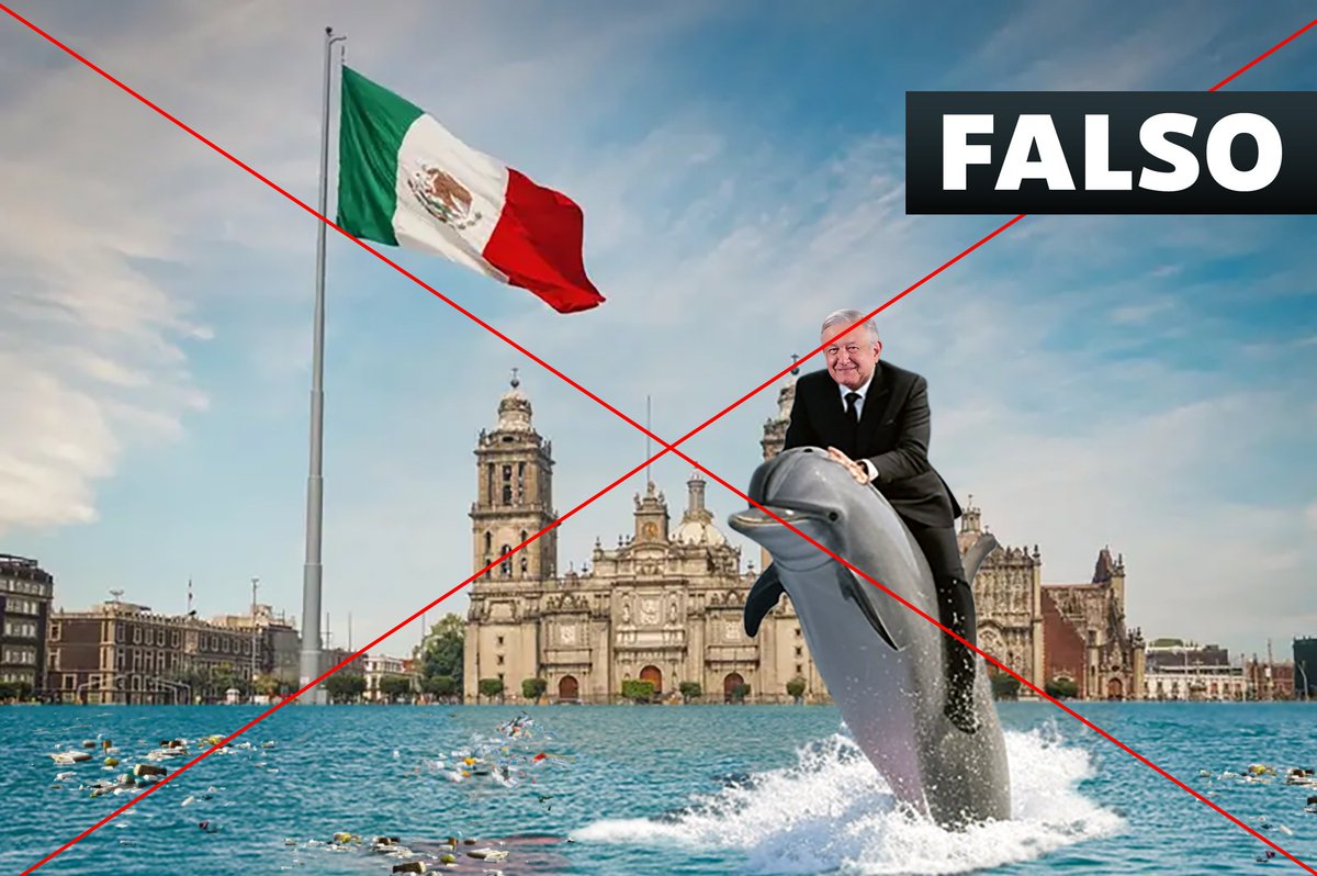 LuisValLe_A's tweet photo. ❌Falso: Usuarios de redes sociales están difundiendo imágenes editadas de las inundaciones en la CDMX. 

Esta imagen del Ex Presidente Andrés Manuel López Obrador montando un delfín sobre el Zócalo de la CDMX inundado de agua y basura no es una imagen real, evite compartirla. https://t.co/3NlKIMgxUG