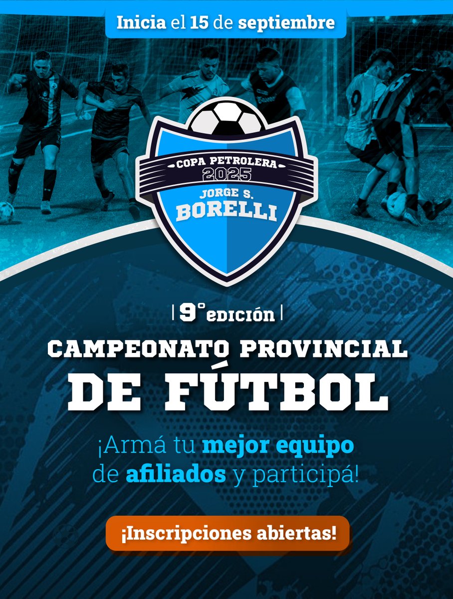 ¡VUELVE EL CAMPEONATO PROVINCIAL DE FÚTBOL "JORGE S. BORELLI"!🔥⚽

Llega la 9° edición del torneo masculino y femenino que reúne a los petroleros en 3 meses a puro fútbol y compañerismo💪🏽

📅 Inicia: 15 de septiembre
📝 Inscripciones: del 11 al 31/08👇

bit.ly/3Jd2Wss