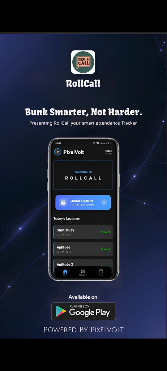 pixelvoltapps's tweet photo. Are you a college student, struggling with 75% attendance rule, don't have anything to track your attendance, then you are at right place.

Presenting ROLLCALL 
Your one and only Attendance tracker.

With features like,
"Morning bunk alert" to help you take the day of. https://t.co/dxI5Vv2Mq3