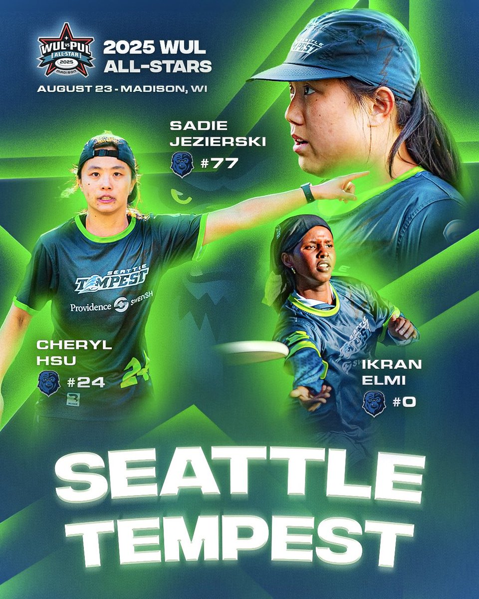 Introducing your 2025 WUL All-Stars 🌟

WUL All-Star team gets three superstars from <a href="/Seattle_Tempest/">Seattle Tempest</a>: Ikran Elmi (#0), Cheryl Hsu (#24), and Sadie Jezierski (#77)!

📅 August 23rd in Madison, WI

🎟️ Part of UFA Championship Weekend - Ticket link in bio