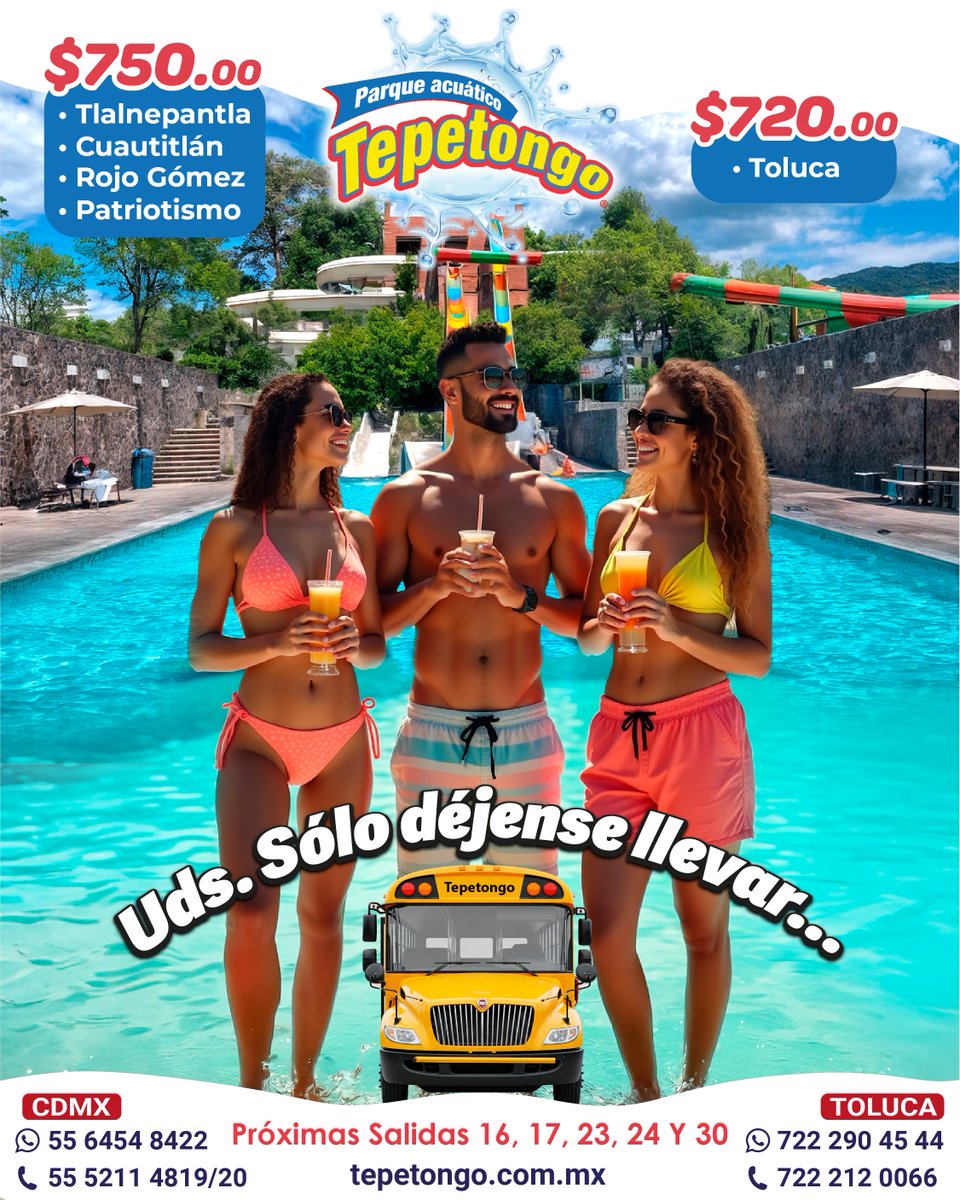 TepetongoParque's tweet photo. Relájate 🌴, Tepetongo se encarga del plan, transporte 🚌 y comida 🍔. Elige tu día 📅, compra 🛒 y disfrútalo 😎. Boletos: https://t.co/FsthCn9BOz
#ViajeSinEstres #RelajacionEnTepetongo https://t.co/uTr3Miz5H1