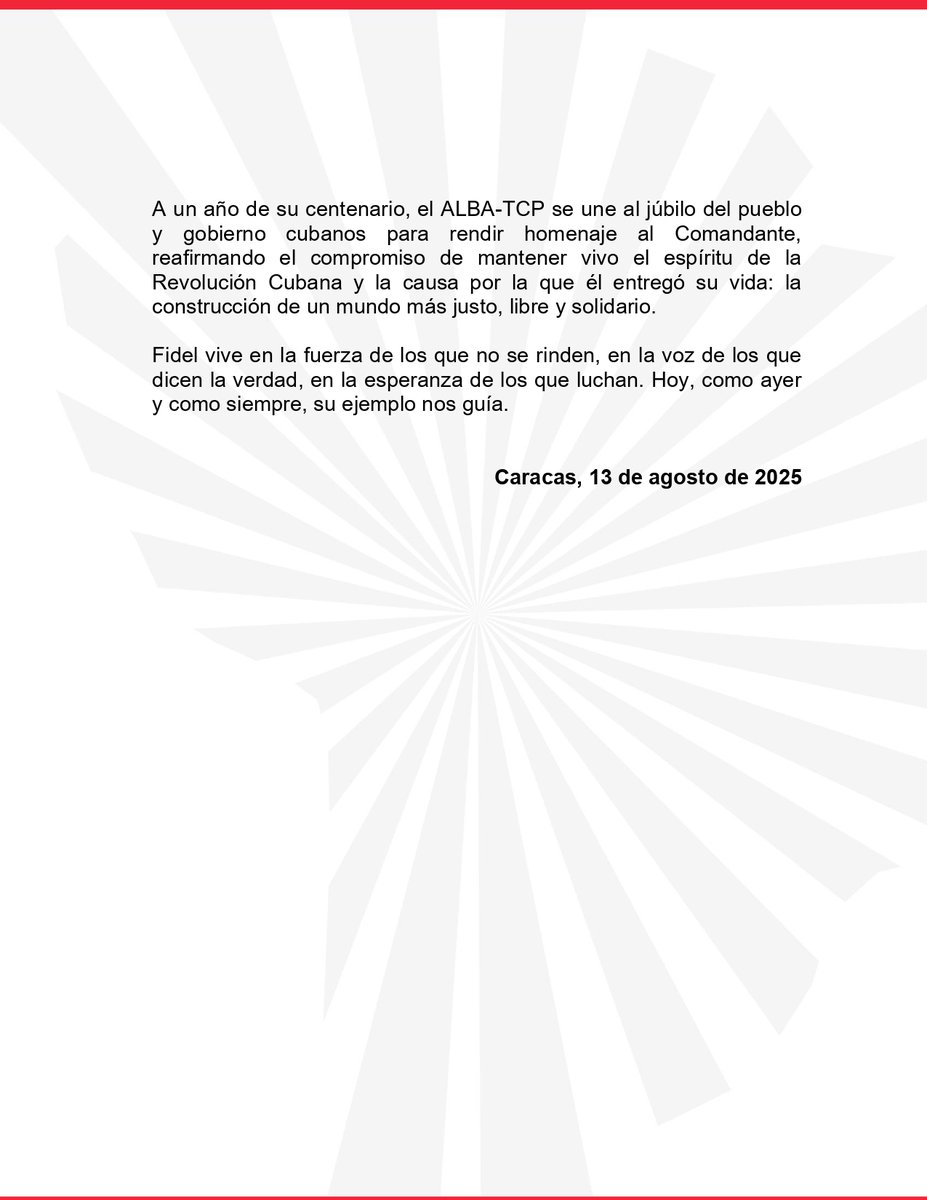 #COMUNICADO |  Conmemoramos el natalicio de Fidel Castro Ruz, quien fue uno de los artífices del <a href="/ALBATCP/">ALBA</a>  y quien en vida demostró sobradamente la necesidad de la unidad de los pueblos de Nuestra América.  #13agosto #FidelPorSiempre