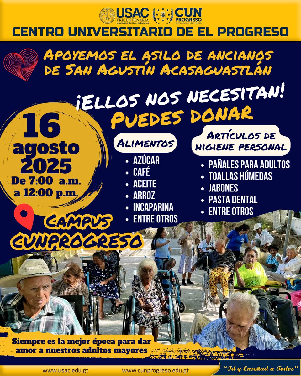 CUNPROGRESOUSAC's tweet image. Apoyemos el asilo de ancianos de San Agustín Acasaguastlán
💛💛🫂🤗
Puedes donar:
Alimentos (azúcar, café, aceite, arroz, incaparina,...) y artículos de higiene personal (pañales para adulto, toallas húmedas, jabones, pasta dental,...)
Sábado, 16 / 08 / 25 Campus CUNPROGRESO
