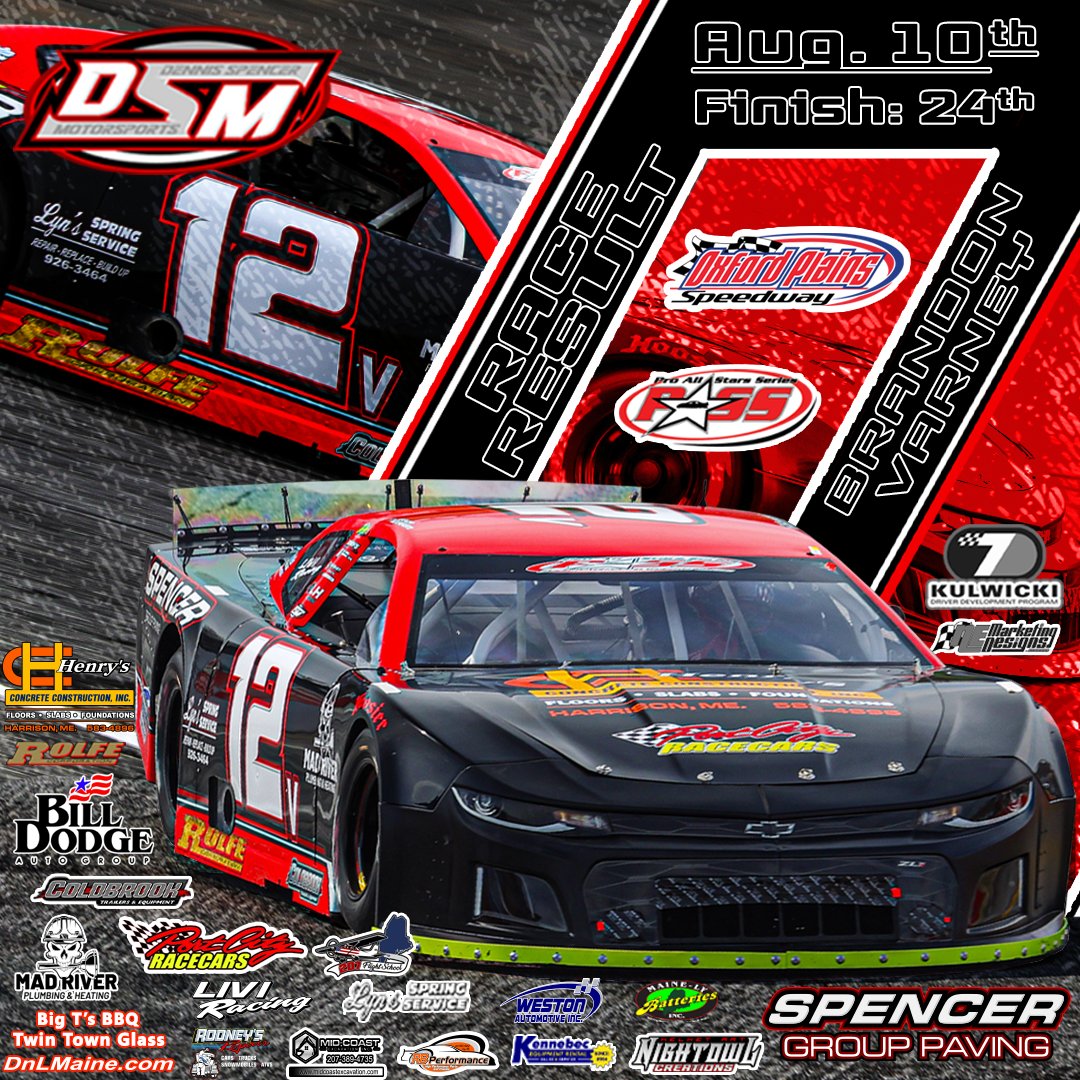 Brandon Varney battled to 2nd in PASS Modifieds at Oxford Plains but suffered sway bar damage in the SLM 150, ending 24th. Thanks to crew &amp; sponsors for the support. Eyes now on the Oxford 250 next weekend! #shorttrackracing #PASS